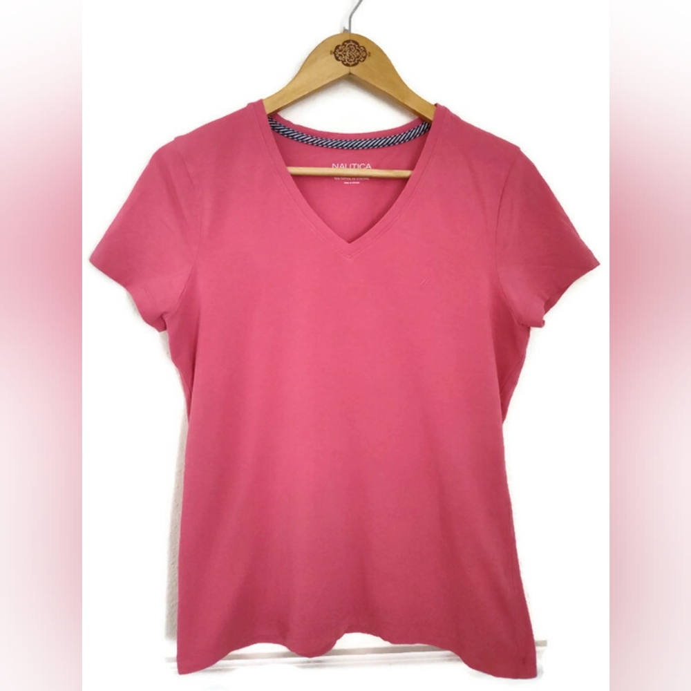 Nautica Women's Pink Comfortable  V-Neck Top Activewear Size Medium